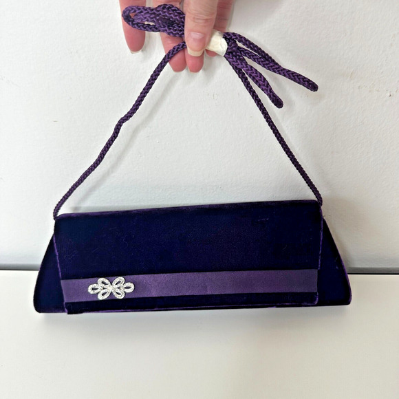 Savannah Handbags - Savannah Purple Velour Clutch Rhinestone Embellished Hidden Rope Strap Clutch